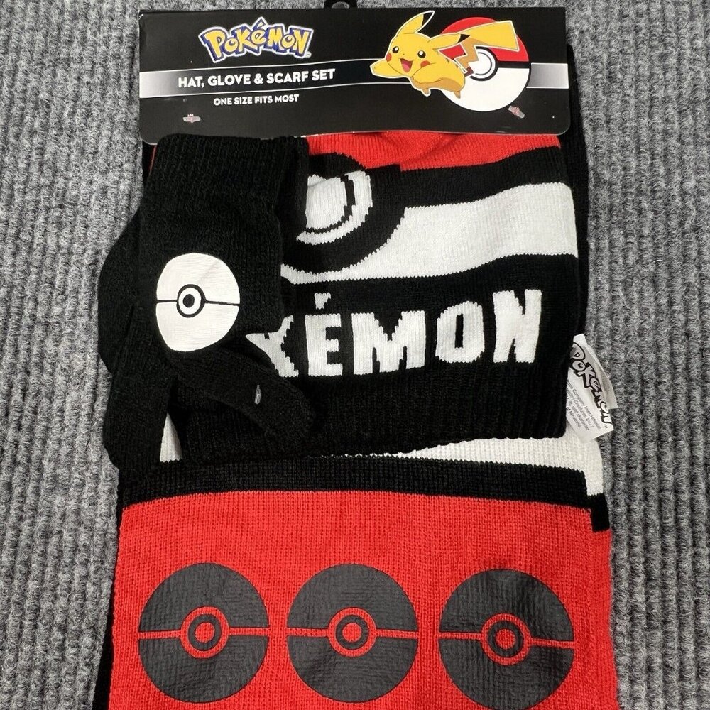 Pokemon Hat Glove & Scarf Set Bioworld One Size Fits Most Unisex Black Red - Picture 5 of 9